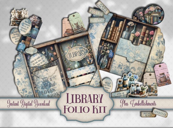 Antique Library Folio Kit, Junk Journal Printable Bookshelf story time Craft Insert, Digital Scrapbook Embellishment Pocket Insert Ephemera,