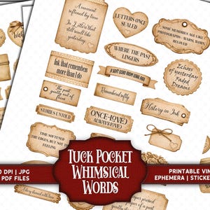 Vintage Sepia Collection of Meaningful Words, Quotes and Phrases to tuck away and add a touch of whimsy to your junk journal, scrapbook or creative paper projects. 
Printable Ephemera pack for Card making, Collage, and Clusters. Vintage-inspired tickets, stubs, tags, and various Shabby-style labels, fussy cuts, embellishments - Perfect for crafting and print and cut projects.
