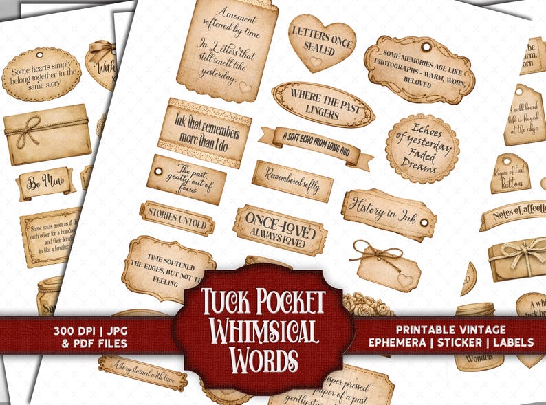 Vintage Sepia Collection of Meaningful Words, Quotes and Phrases to tuck away and add a touch of whimsy to your junk journal, scrapbook or creative paper projects. 
Printable Ephemera pack for Card making, Collage, and Clusters. Vintage-inspired tickets, stubs, tags, and various Shabby-style labels, fussy cuts, embellishments - Perfect for crafting and print and cut projects.