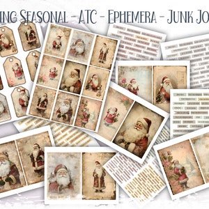 Papai Noel vintage ATC, itens efêmeros, etiquetas para cartões de diário de lixo, frases de Natal, citações festivas, suprimentos para scrapbook, criação de cartões, folha de colagem