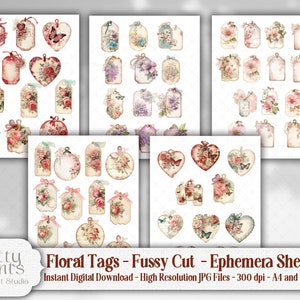 Étiquettes florales shabby chic, coupe soignée, éphémères, feuilles de collage jardin victorien vintage - Junk Journal, Scrapbook, étiquettes volantes imprimables