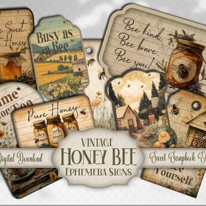 50+ Vintage Bee Sign Ephemera, Spring Junk Journal, Bee kind Fussy Cut, Bee's wax Shabby Chic Printable Element Scrapbook Paper Craft Supply