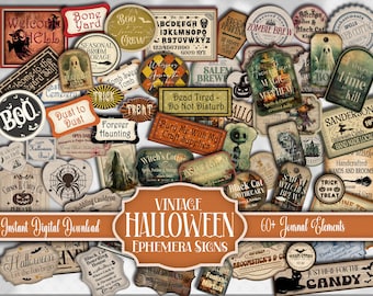 Halloween Vintage Sign & Label Kit: Haunted Junk Journal Fussy Cuts, Printable Vintage Spooky Scrapbook Labels and Quotes - Digital Download
