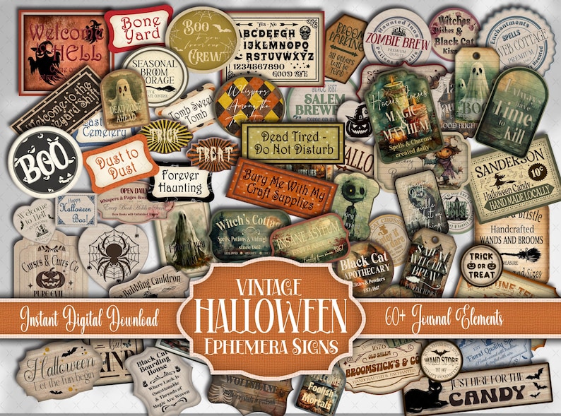 Halloween Vintage Sign & Label Kit: Haunted Junk Journal Fussy Cuts ...