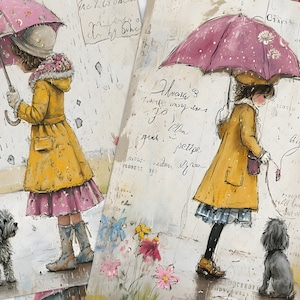May include: Two illustrations of girls walking their dogs in the rain. Both girls are wearing yellow coats and holding pink umbrellas. The girls are walking on a white background with handwritten text.
