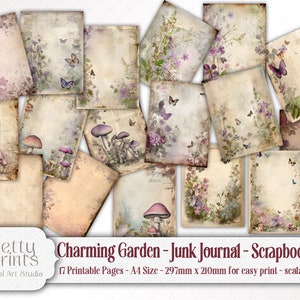 Journal du jardin enchanté, Scrapbooking, papiers de fond A4, champignons fantastiques, champignons vénéneux magiques, fleurs vintage, papillons