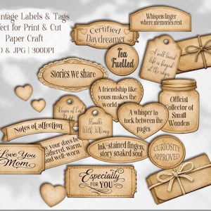 Vintage Sepia Collection of Meaningful Words, Quotes and Phrases to tuck away and add a touch of whimsy to your junk journal, scrapbook or creative paper projects. 
Printable Ephemera pack for Card making, Collage, and Clusters. Vintage-inspired tickets, stubs, tags, and various Shabby-style labels, fussy cuts, embellishments - Perfect for crafting and print and cut projects.