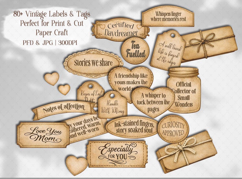 Vintage Sepia Collection of Meaningful Words, Quotes and Phrases to tuck away and add a touch of whimsy to your junk journal, scrapbook or creative paper projects. 
Printable Ephemera pack for Card making, Collage, and Clusters. Vintage-inspired tickets, stubs, tags, and various Shabby-style labels, fussy cuts, embellishments - Perfect for crafting and print and cut projects.