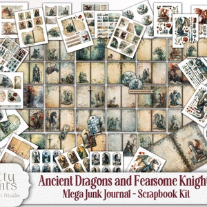 Medieval Dragons and Knights Fantasy Junk Journal Scrapbook Kit, Printable Paper, Pages, Bullet Journal, Ephemera, Fussy Cut, Labels, Pocket