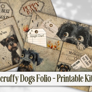 Kit de diário de lixo Scruffy Dog, bolsos imprimíveis Rascally Rescue Mutts, itens efêmeros, cartão, portfólio, papel, encarte, álbum de recortes, download
