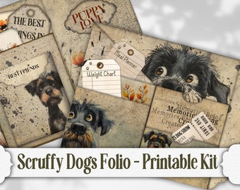 May include: Printable kit for a dog folio with a vintage aesthetic. The kit includes pages with dog illustrations, a weight chart, a meal planner, and a page for recording memories. The text on the cover reads "Scruffy Dogs Folio - Printable Kit".