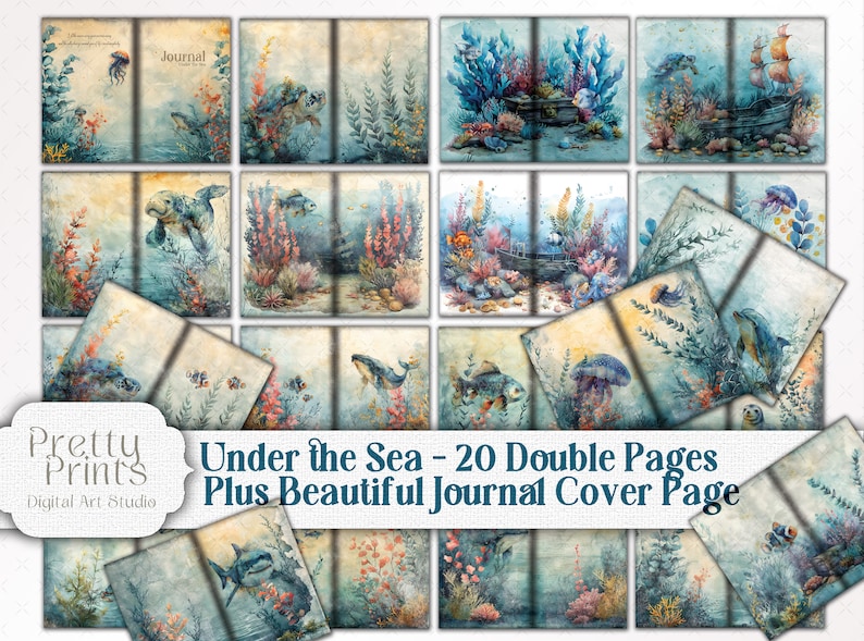 Under The Sea Junk Journal Scrapbook Mega Kit - Ocean Life Printable Bundle - Whales, Shark, Turtles, Dolphins, Sea Lions, Jelly Fish, Crabs, Octopus, coral
