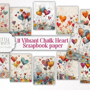 Lindas páginas para álbumes de recortes con ilustraciones de corazones de amor en estilo tiza: hojas para imprimir en tamaño carta, collage, papel digital, libro de cuentos