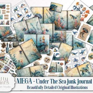 May include: A digital junk journal kit with an under the sea theme. The kit includes a variety of images, including a shipwreck, a shark, a jellyfish, and a variety of sea creatures. The kit also includes a variety of papers, tags, and other embellishments.