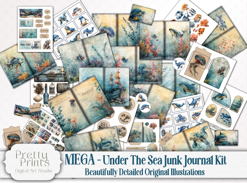 Under The Sea Junk Journal Scrapbook Mega Kit - Ocean Life Printable Bundle - Whales, Shark, Turtles, Dolphins, Sea Lions, Jelly Fish, Crabs, Octopus, coral