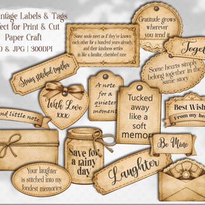 Vintage Sepia Collection of Meaningful Words, Quotes and Phrases to tuck away and add a touch of whimsy to your junk journal, scrapbook or creative paper projects. 
Printable Ephemera pack for Card making, Collage, and Clusters. Vintage-inspired tickets, stubs, tags, and various Shabby-style labels, fussy cuts, embellishments - Perfect for crafting and print and cut projects.