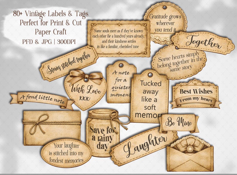 Vintage Sepia Collection of Meaningful Words, Quotes and Phrases to tuck away and add a touch of whimsy to your junk journal, scrapbook or creative paper projects. 
Printable Ephemera pack for Card making, Collage, and Clusters. Vintage-inspired tickets, stubs, tags, and various Shabby-style labels, fussy cuts, embellishments - Perfect for crafting and print and cut projects.