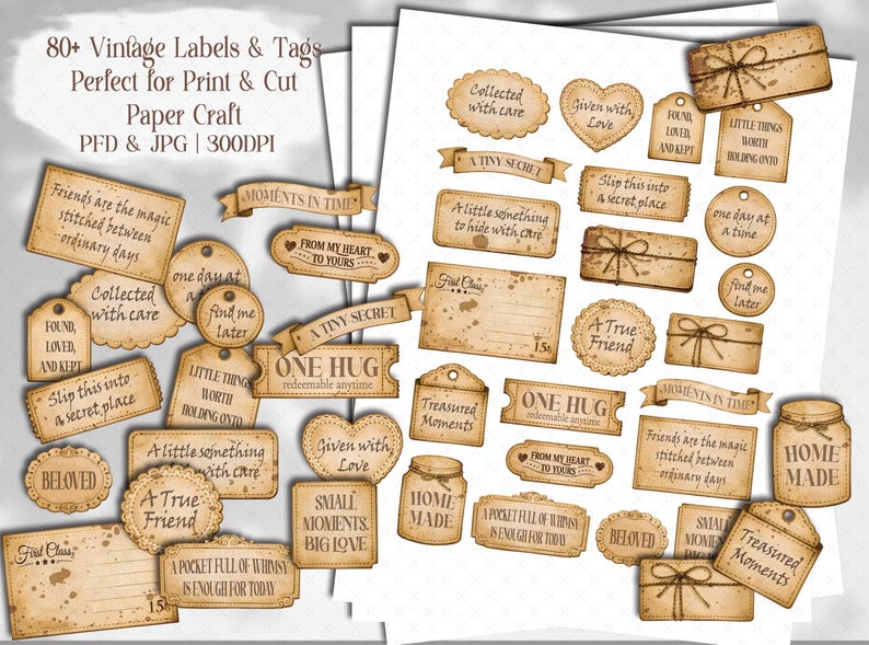Vintage Sepia Collection of Meaningful Words, Quotes and Phrases to tuck away and add a touch of whimsy to your junk journal, scrapbook or creative paper projects. 
Printable Ephemera pack for Card making, Collage, and Clusters. Vintage-inspired tickets, stubs, tags, and various Shabby-style labels, fussy cuts, embellishments - Perfect for crafting and print and cut projects.