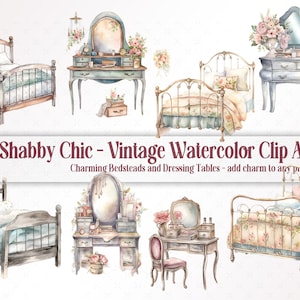 Vintage sommiers et coiffeuses shabby chic aquarelle Clip Art - romantique chambre à coucher PNG téléchargements, le charme de l'ancien monde rencontre l'élégance