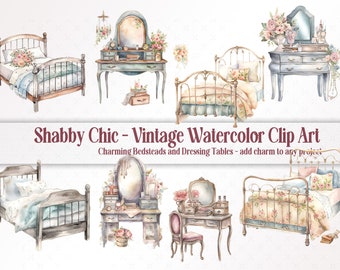 Vintage Bedsteads and Dressing Tables Shabby Chic Watercolor Clip Art - Romantic Bedroom PNG Downloads, Old world Charm Meets Elegance