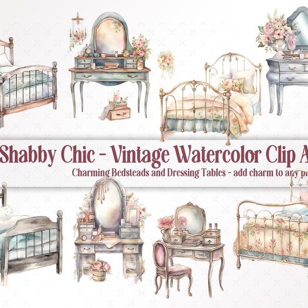 Vintage Bedsteads and Dressing Tables Shabby Chic Watercolor Clip Art - Romantic Bedroom PNG Downloads, Old world Charm Meets Elegance