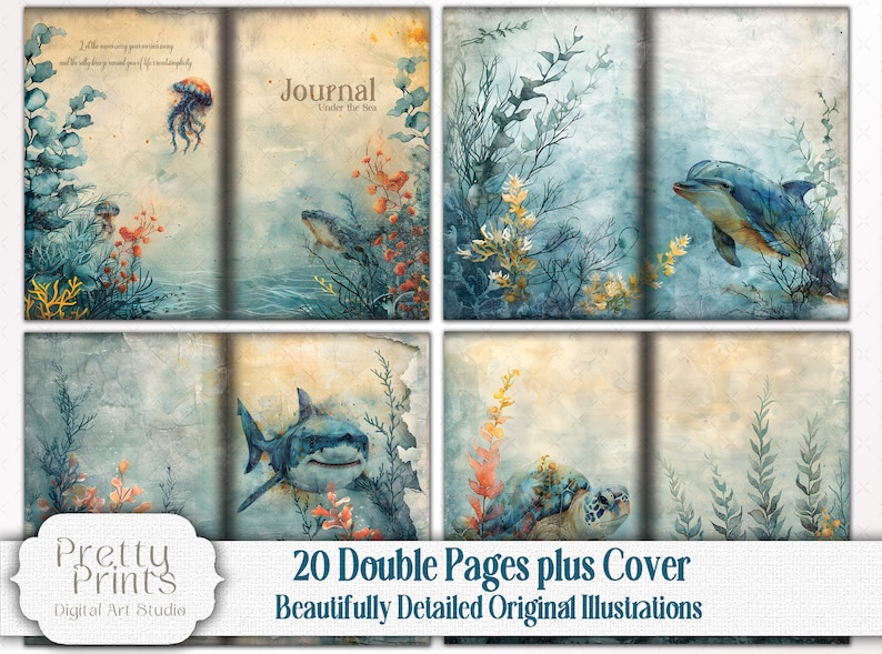 Under The Sea Junk Journal Scrapbook Mega Kit - Ocean Life Printable Bundle - Whales, Shark, Turtles, Dolphins, Sea Lions, Jelly Fish, Crabs, Octopus, coral
