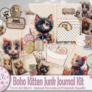 Boho Cute Kitten Junk journal Kit - DIY Craft Pockets, Ephemera, Card, Paper Scrapbook Portfolio - Cat Lover Printable Kitten Keepsake