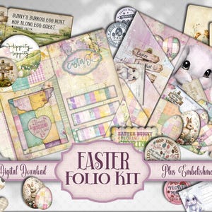 Oster Folio Kit, Junk Journal Printable Bunny Pockets Ephemera, Kartenherstellung, Portfolio, Handwerk-Beilage, Digital Scrapbook Verzierungen