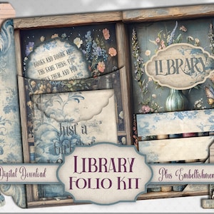 Kit de folio de biblioteca antigua, inserto de manualidades para la hora del cuento con estantería imprimible para diario basura, inserto de bolsillo con adorno para álbum de recortes digital efímero.