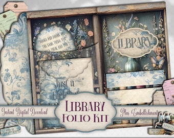 Antique Library  Folio Kit - Fully Loaded Junk Journal Printable Download - DIY Paper Craft Supply - Scrapbook Ephemera, Tags, and more!