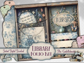 Antique Library Folio Kit, Junk Journal Printable Bookshelf story time Craft Insert, Digital Scrapbook Embellishment Pocket Insert Ephemera,