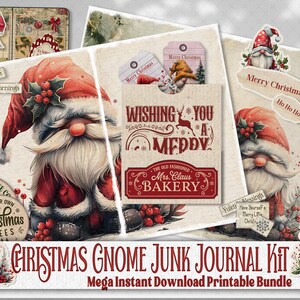 以下が含まれることがあります： クリスマスのノームをフィーチャーしたデジタル印刷可能なジャンクジャーナルキット。キットには、ノーム、クリスマスツリー、ホリデーグリーティングの画像が含まれています。キットには、「Wishing You a Merry」と「The Old Fashioned Mrs. Claus Bakery」のテキストが含まれています。