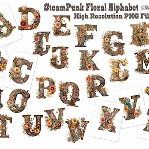 Op de afbeelding: Een set van 26 alfabetletters, elke letter is gemaakt van tandwielen, tandwielen en andere steampunk-elementen, versierd met bloemen en bladeren. De letters zijn in een PNG-formaat met hoge resolutie.