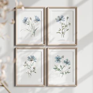 シンプルでエレガントな青い野の花の水彩画、印刷可能なダウンロード、冬の植物の花、あなたの家の装飾のための季節の花