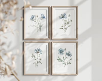 Simple Elegant Blue Wildflowers Watercolor Prints, Printable Download, Winter Botanical Flowers, Seasonal Floral blooms for your home decor