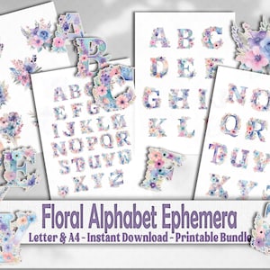 Floral Alphabet Junk-Journal Ephemera Fussy Schnitte, Druckbare Buchstaben Bastelbedarf, Scrapbook-Elemente, Collage, Aufkleber, Baby Buch Geschenk