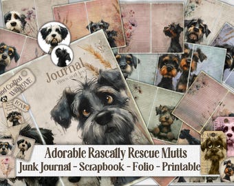 May include: A digital collage sheet featuring adorable illustrations of various dog breeds. The sheet includes images of dogs with different expressions and poses, along with text that says "Journal, Paws and love" and "Adorable Rascally Rescue Mutts, Junk Journal - Scrapbook - Folio - Printable".