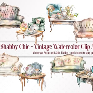 Sofás y mesas auxiliares vintage Shabby Chic, imágenes prediseñadas en acuarela, salón victoriano romántico, descargas PNG para sala de estar, encanto del viejo mundo