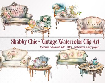 Vintage Shabby Chic Sofa & Side Table Graphics: Victorian Parlour High Resolution 300dpi PNGs (Digital Download)