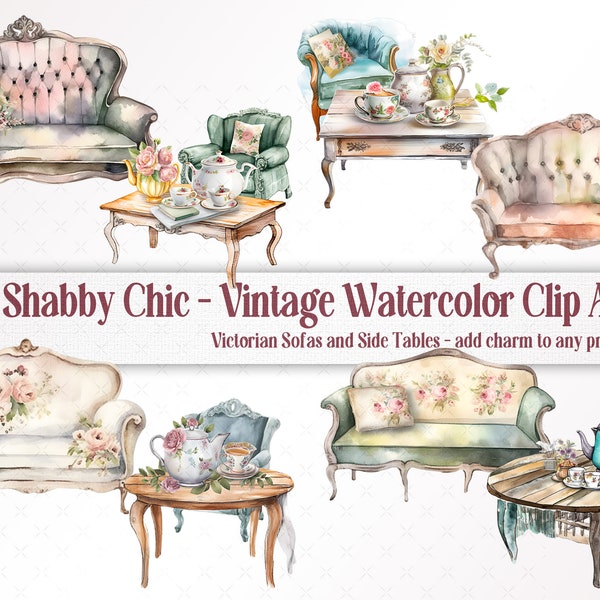 Shabby Chic Vintage Sofas and Side Tables Watercolor Clip Art - Romantic Victorian Parlor - Living Room PNG Downloads, Old world Charm