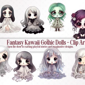 8 lindas imágenes prediseñadas de fantasmas de chicas kawaii para Halloween: suministros de manualidades de fantasía para hacer uno mismo: PNG, ideas para diarios basura, álbumes de recortes, collages, material efímero