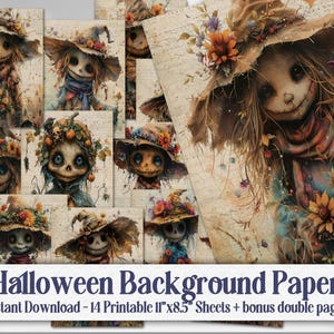 ボヘミアン ハロウィン かかし ジャンク ジャーナル スクラップブック ペーパー パック、秋のボヘミアン プリント可能コラージュ、秋のデジタル ペーパー クラフト カード作成用品
