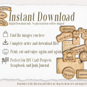 Vintage Sepia Collection of Meaningful Words, Quotes and Phrases to tuck away and add a touch of whimsy to your junk journal, scrapbook or creative paper projects. 
Printable Ephemera pack for Card making, Collage, and Clusters. Vintage-inspired tickets, stubs, tags, and various Shabby-style labels, fussy cuts, embellishments - Perfect for crafting and print and cut projects.