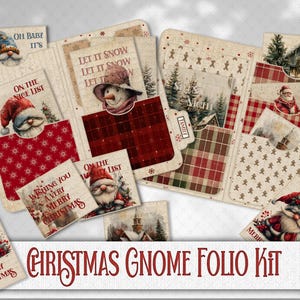 May include: A Christmas gnome folio kit featuring red and white plaid, gingerbread men, and gnomes. The kit includes several cards with Christmas greetings and images of gnomes. The text on the cards includes "Oh Baby It's", "On the Nice List", "Wishing You a Very Merry Christmas", "Let It Snow", "Merry Christmas", and "Family".