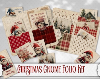 Christmas Gnome Mini Folio Folder Junk Journal  Kit - Festive Card making supply, Digital Scrapbook, Santa Gonk Ephemera, Snowman Printable