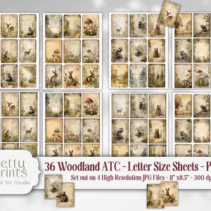 Secret Woodland ATC 36 Karten Bundle, Otter, Bär, Reh, Schmetterling, - Junk Journal, Scrapbook, ATC druckbar auf A4 und 11x8,5 Bogen