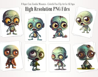 Kawaii Zombie Clipart: Spooky Halloween PNG Graphics (Digital Download, 8 Files)