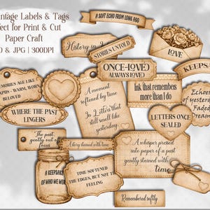 Vintage Sepia Collection of Meaningful Words, Quotes and Phrases to tuck away and add a touch of whimsy to your junk journal, scrapbook or creative paper projects. 
Printable Ephemera pack for Card making, Collage, and Clusters. Vintage-inspired tickets, stubs, tags, and various Shabby-style labels, fussy cuts, embellishments - Perfect for crafting and print and cut projects.