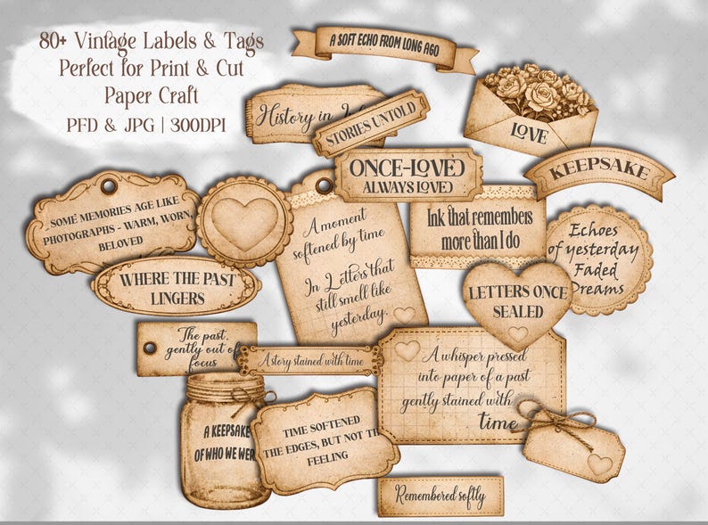 Vintage Sepia Collection of Meaningful Words, Quotes and Phrases to tuck away and add a touch of whimsy to your junk journal, scrapbook or creative paper projects. 
Printable Ephemera pack for Card making, Collage, and Clusters. Vintage-inspired tickets, stubs, tags, and various Shabby-style labels, fussy cuts, embellishments - Perfect for crafting and print and cut projects.
