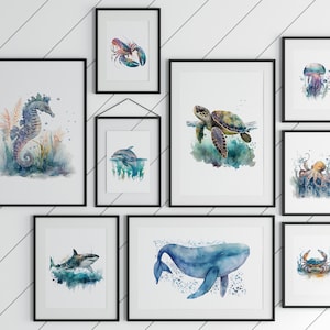 Set of 9 Wonderful Sea Creatures, Marine life poster, whales and dolphin, Fun Marine life prints, Printable Under the Sea watercolor Print.